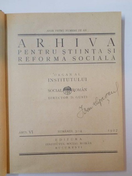 ARHIVA PENTRU STINTA SI REFORMA SOCIALA, ANUL VI, NR. 3-4,  1927