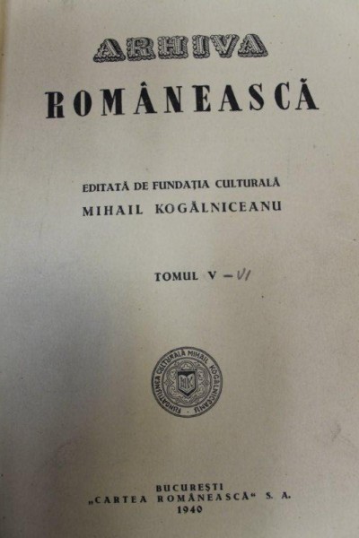 ARHIVA ROMANEASCA 1940 VOL. V  - VI