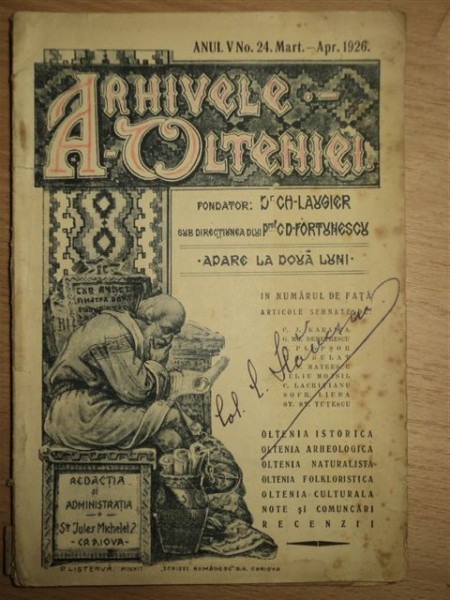 ARHIVELE OLTENIEI , ANUL V , NO. 24 , MARTIE - APRILIE , 1926 de CH. LAUGIER , C.D. FORTUNESCU , APARE LA DOUA LUNI