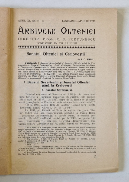 ARHIVELE OLTENIEI, ANUL XI, NR 59-60, IAN-APRILIE 1932 , COPERTA FATA BREFACUTA