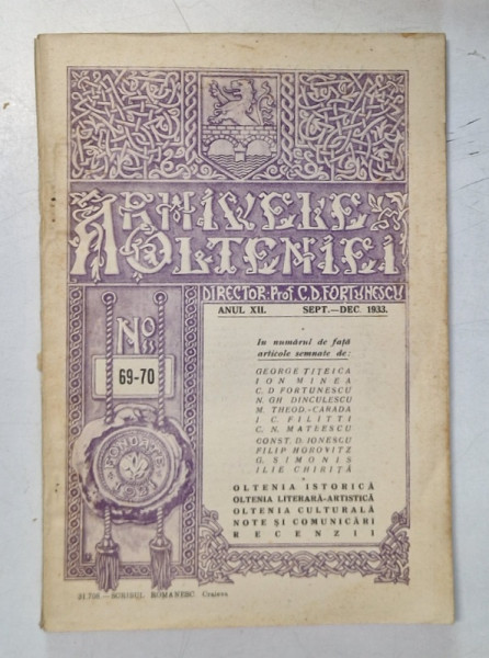 ARHIVELE OLTENIEI , ANUL XII , NR. 69 - 70 , SEPTEMBRIE  - DECEMBRIE 1933