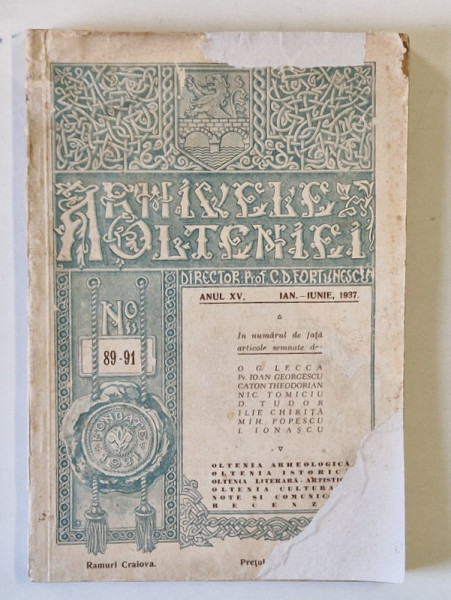 ARHIVELE OLTENIEI ANUL XV , NR. 89 - 91 , IAN. - IUNIE   , 1937 , COPERTA FATA REFACUTA