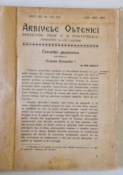 ARHIVELE OLTENIEI, ANUL XX, NR. 113-118, IAN-DEC 1941 AN COMPLET , COPERTA FATA REFACUTA
