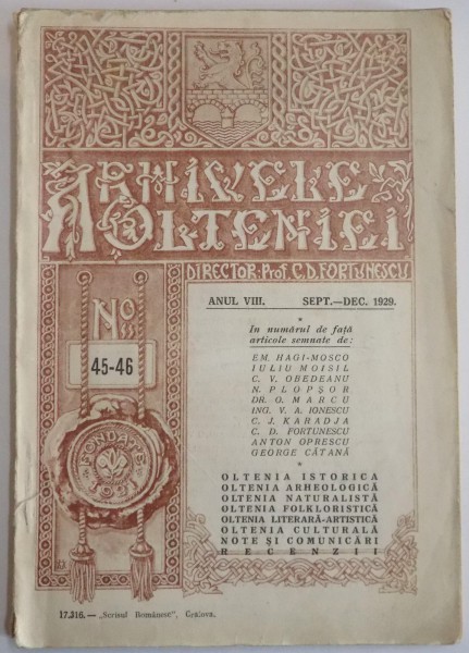 ARHIVELE OLTENIEI , DIRECTOR : PROF. C. D. FORTUNESCU , ANUL VIII , NR.45-46 , SEPT. - DEC. 1929