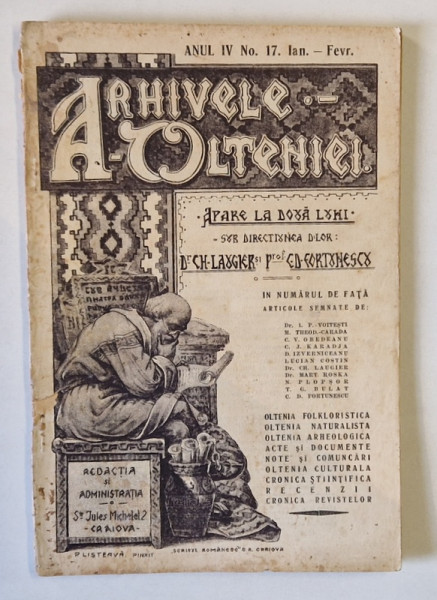 ARHIVELE OLTENIEI , SUB DIRECTIUNEA D-LOR DR. CH. LAUGIER SI PROF. C.D. FORTUNESCU ANUL IV , NR. 17, IANUARIE - FEBRUARIE , 1925 , COPERTA STATE REFACUTA