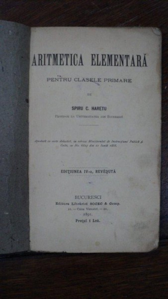 Aritmetica Elemenstara, Spiru Haret, Bucuresti 1891