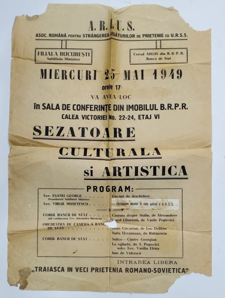 A.R.L.U.S. , AFISUL UNEI SEZATORI CULTURALE SI ARTISTICE , 25 MAI 1949