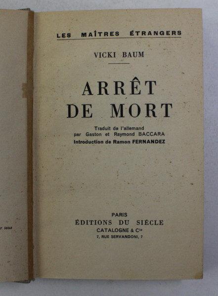 ARRET DE MORT par VICKI BAUM , 1933