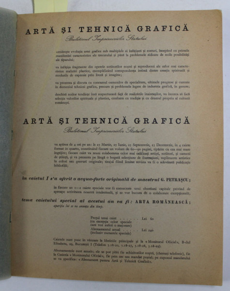 ARTA SI TEHNICA GRAFICA , BULETINUL IMPRIMERIILOR STATULUI , CAIETUL 2 - DECEMBRIE 1937