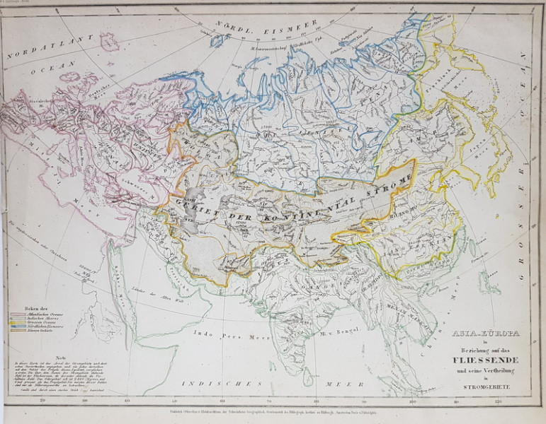 ASIA  - EUROPA CU INFLUENTA CURENTILOR IN ZONELE ACESTORA , HARTA CU TERMENII SI EXPLICATIILE IN LIMBA GERMANA , 1850