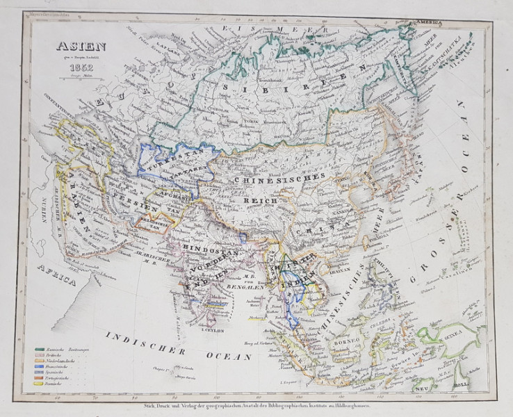 ASIA LA 1852 , HARTA POLITICA ,  HARTA CU TERMENII SI DENUMIRILE IN LIMBA GERMANA , MIJLOCUL SEC. XIX