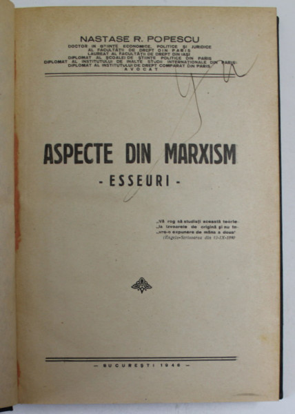 ASPECTE DIN MARXISM - ESEURI de NASTASE R. POPESCU , 1946, EXEMPLAR SEMNAT *