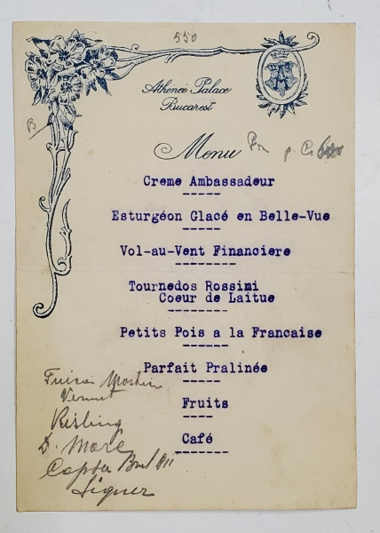 ATHENEE PALACE , BUCAREST , MENU , PERIOADA INTERBELICA