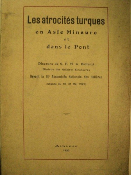 Atrocitatile turcilor in Asia Mica, M. G. Baltazzi, Atena 1922