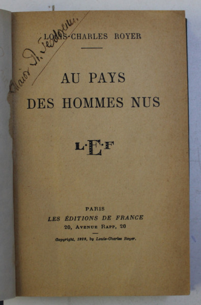 AU PAYS DES HOMMES NUS par LOUIS CHARLES ROYER , 1929