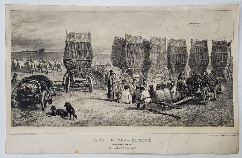 AUGUSTE RAFFET, HALTE D 'UNE CARAVANE MOLDAVE TRANSPORTANT DU CHARBON (BESSARABIE), GRAVURA, 1837