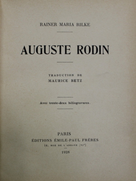 AUGUSTE RODIN par RAINER MARIA RILKE , 1928, LEGATURA  INTEGRAL PIELE