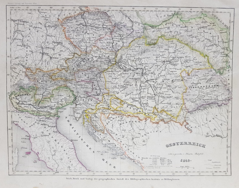 AUSTRIA LA 1849 , HARTA POLITICA , DENUMIRILE SI TERMENII IN LIMBA GERMANA , MIJLOCUL SEC. XIX