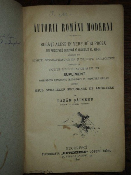 Autori moderni, bucati alese in versuri si proza din principalii scriitori ai secolului XIX, Lazar Saineanu, Bucuresti 1891
