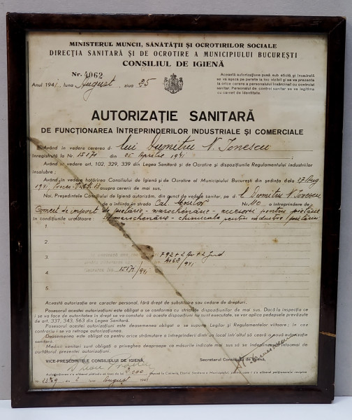 AUTORIZATIE SANITARA DE FUNCTIONAREA INTREPRINDERILOR INDUSTRIALE SI COMERCIALE , EMISA UNEI FIRME DIN BUCURESTI , LA 25  AUGUST 1941
