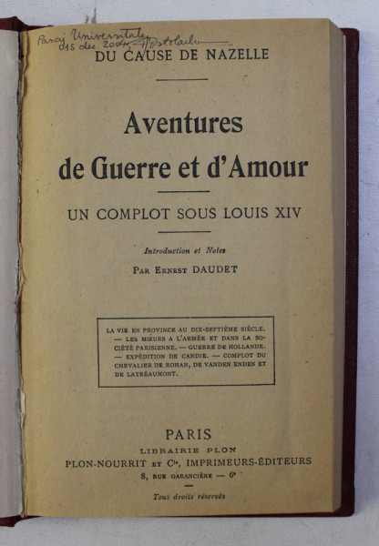 AVENTURES DE GUERRE ET D 'AMOUR - UN COMPLOT SOUS LOUIS XIV par DU CAUSE DE NAZELLE , EDITIE INTERBELICA