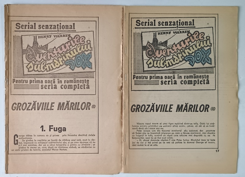 AVENTURILE SUBMARINULUI DOX , GROZAVIILE MARII , VOLUMELE I - II de HENRY WARREN *ROMAN FOILETON
