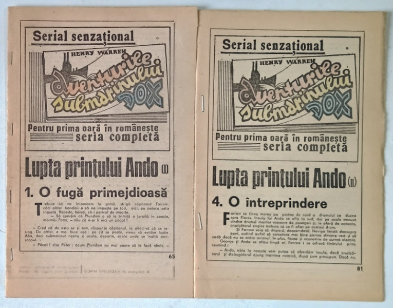 AVENTURILE SUBMARINULUI DOX , LUPTA PRINTULUI ANDO , VOLUMELE I - II de HENRY WARREN *ROMAN FOILETON