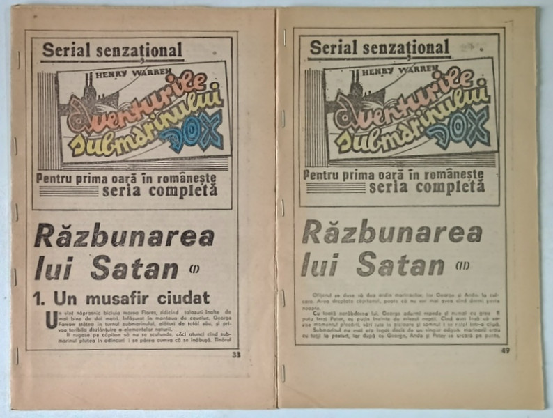 AVENTURILE SUBMARINULUI DOX , RAZBUNAREA LUI SATAN , VOLUMELE I - II de HENRY WARREN *ROMAN FOILETON
