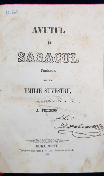 AVUTUL SI SARACUL tradusa de A. PELIMON - BUCURESTI, 1856