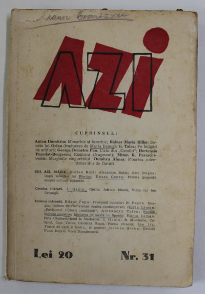 AZI , REVISTA LUNARA LITERARA , ARTISTICA , SOCIALA , ANUL VII , NR. 31 , MARTIE - APRILIE , 1938