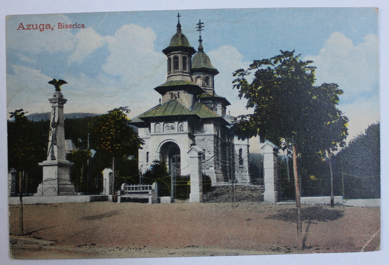 AZUGA - BISERICA , CARTE POSTALA ILUSTRATA , POLICROMA, NECIRCULATA , DATATA 1922