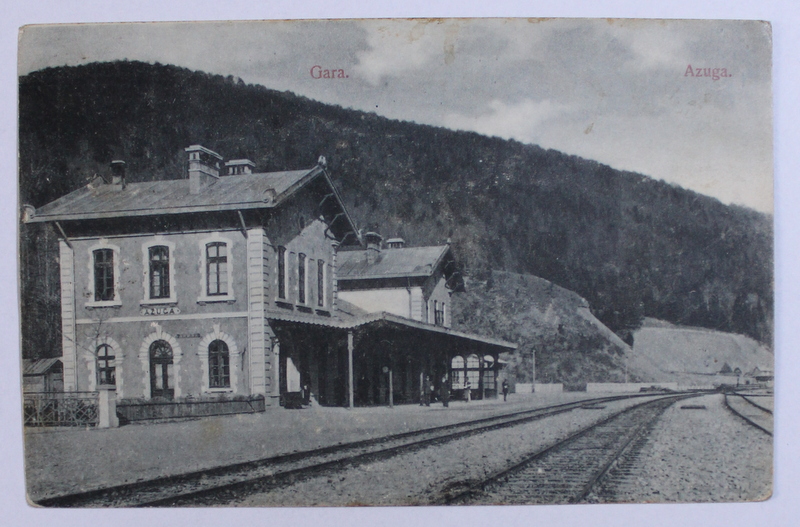 AZUGA - GARA , CARTE POSTALA ILUSTRATA , MONOCROMA , CIRCULATA , STAMPILA RARA , DATATA 1906