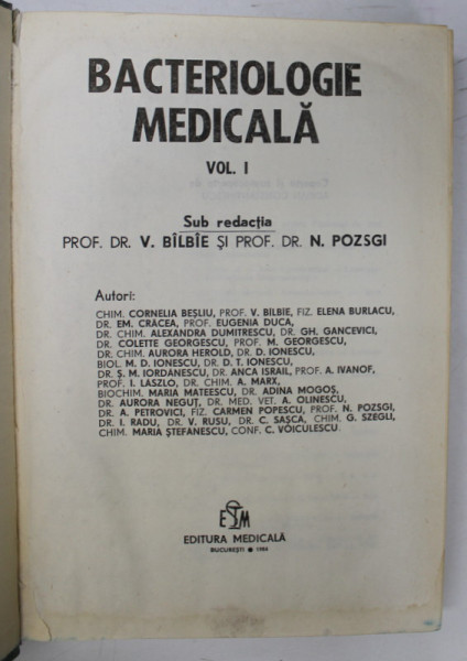 BACTERIOLOGIE MEDICALA VOL. I de V. BILBIE , N. POZSGI , 1984