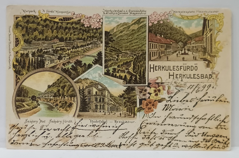 BAILE HERCULANE , CROMOLITOGRAFIE , MONTAJ CU CINCI IMAGINI DIN STATIUNE , CARTE POSTALA , CLASICA , DATATA  1899