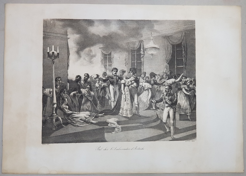BAL CHEZ L 'AMBASSADEUR D 'AUTRICHE ( BAL LA AMBASADORUL AUSTRIEI ) , LITOGRAFIE de C. MOTTE , MONOCROMA, MIJLOCUL SEC. XIX