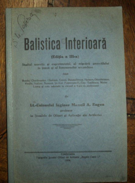 Balistica Interna, Manoil Eugen, Timisoara 1934