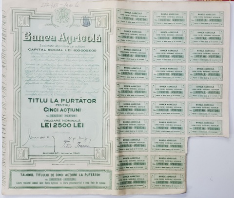 BANCA AGRICOLA , SOCIETATE ANONIMA PE ACTIUNI , TITLUL LA PURTATOR PENTRU CINCI  ACTIUNI  IN VALOARE NOMINALA DE 2500 LEI , EMISA IANUARIE 1940