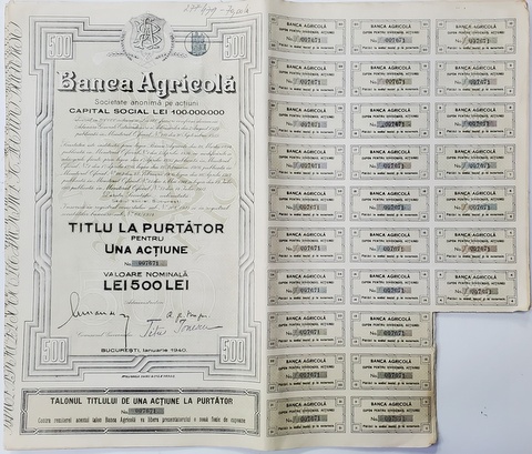 BANCA AGRICOLA , SOCIETATE ANONIMA PE ACTIUNI , TITLUL LA PURTATOR PENTRU UNA ACTIUNE IN VALOARE NOMINALA DE 500 LEI , EMISA IANUARIE 1940