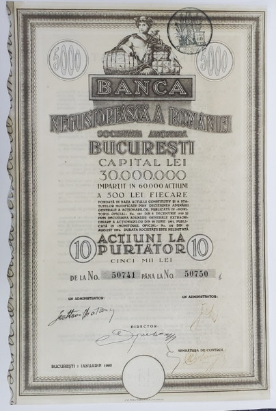 BANCA NEGUSTOREASCA A ROMANIEI , CERTIFICAT CU 10 ACTIUNI LA PURTATOR , IN VALOARE DE CINCI MII LEI , 1 IANUARIE 1925