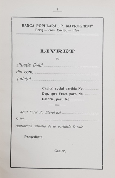 BANCA POPULARA P. MAVROGHENI  - PERIS , LIVRET NEATRIBUIT , PERIOADA INTERBELICA , PREZINTA PETE PE COPERTE *