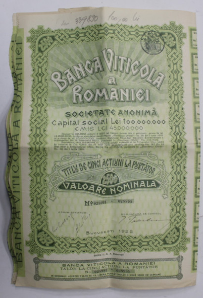BANCA VITICOLA A ROMANIEI , TITLU DE CINCI ACTIUNI LA PURTATOR , BUCURESTI , 1922
