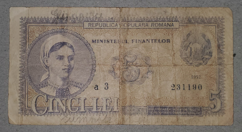 BANCNOTA 5 LEI, 1952, RPR