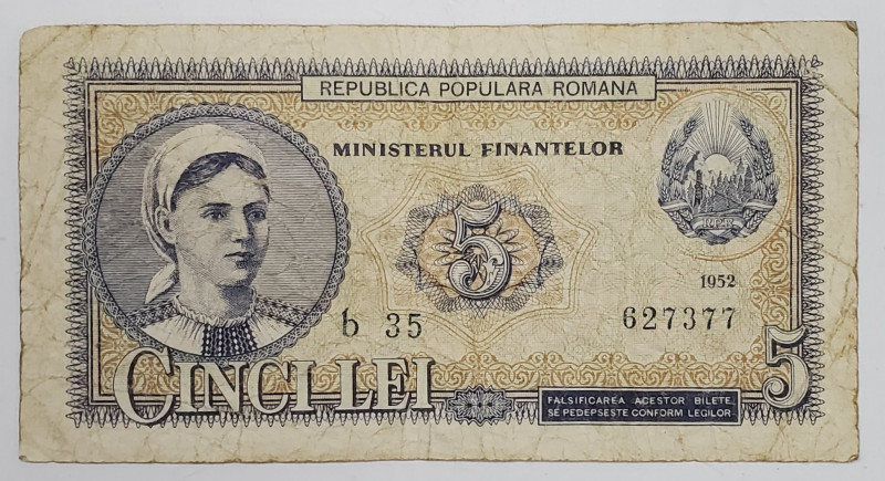 BANCNOTA ' CINCI LEI ' , R.P.R. , DATATA 1952