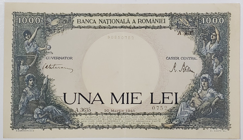 BANCNOTA DE UNA MIE LEI , EMISA DE BANCA NATIONALA A ROMANIEI LA 20 MARTIE 1945 , DESENATA DE N. GRIGORESCU *