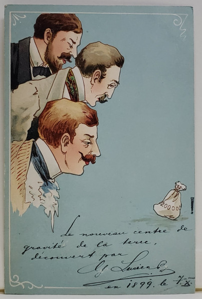 BARBATI CU PUNGUTA DE BANI , CARICATURA , CROMOLITOGRAFIE , CARTE POSTALA , CLASICA