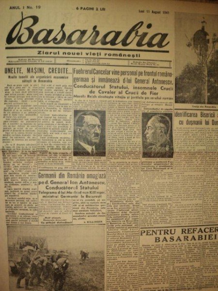 BASARABIA, ZIARUL NOUEI VIETI ROMANESTI, ANUL 1, NR 19, LUNI 11 AUGUST 1941