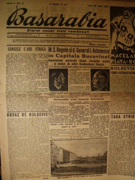 BASARABIA, ZIARUL NOUEI VIETI ROMANESTI, ANUL 1, NR 6, LUNI 28 IULIE 1941