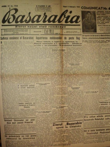 BASARABIA, ZIARUL NOUEI VIETI ROMANESTI, ANUL 4, NR 784, VINERI 4 FEBRUARIE  1944