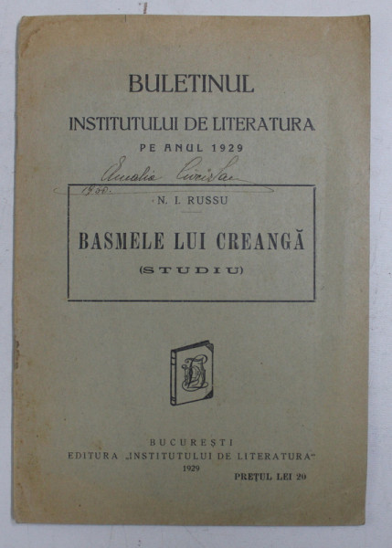 BASMELE LUI CREANGA - STUDIU de N . I. RUSSU , 1929