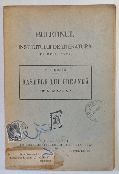 BASMELE LUI CREANGA - STUDIU de N . I. RUSSU , 1929